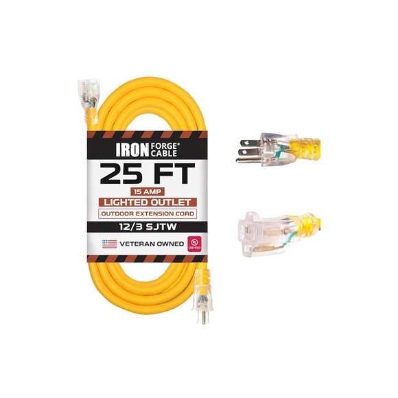 🆕IRON FORGE CABLE 25 ft Lighted Outdoor Extension Cord - 12/3 SJTW Heavy… - Picture 1 of 8